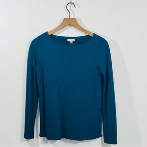 J.Jill Ponte Teal Long Sleeve Boat Neck Pullover Blouse Size XS Button Detail